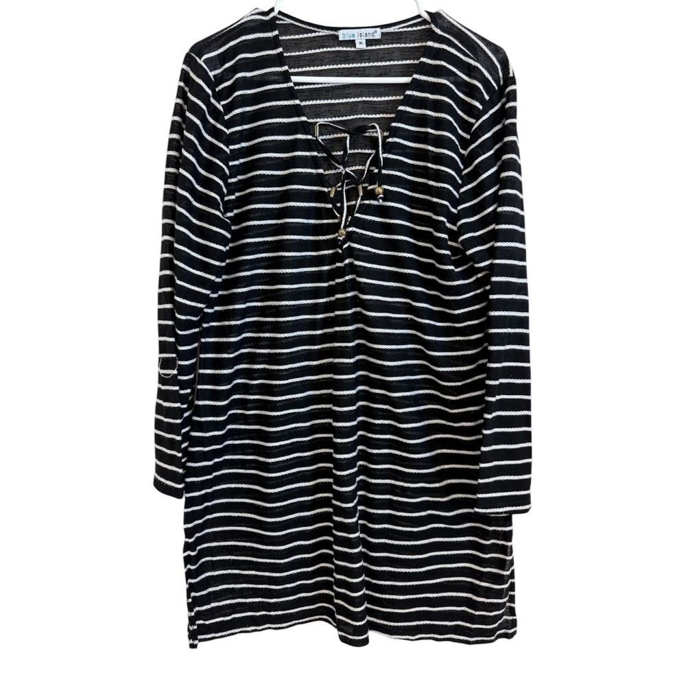 Blue Island Striped Lace Up V-Neck Tunic Top XL Black White Long Sleeve Nautical